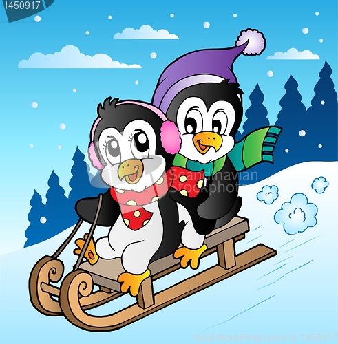 Image of Winter scene with penguins sledging