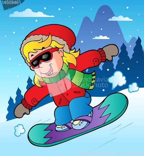 Image of Winter scene with girl on snowboard