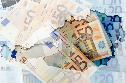 Image of Outline map of Austria with transparent euro banknotes in backgr