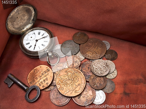 Image of Old clock, key and coins