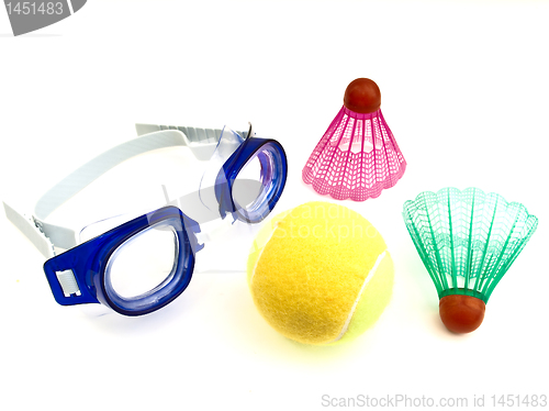 Image of Swimming glasses tennis ball and shuttlecocks
