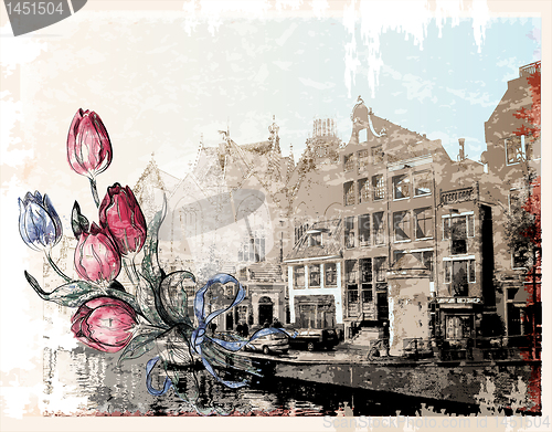 Image of vintage illustration of Amsterdam street. Watercolor style.