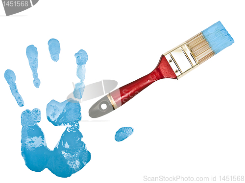 Image of hand print near bristle in blue