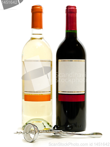 Image of  red and white wine with corkscrew