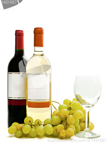 Image of  red and white wine with vine and wineglass