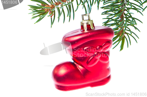 Image of red christmas star hanging from tree