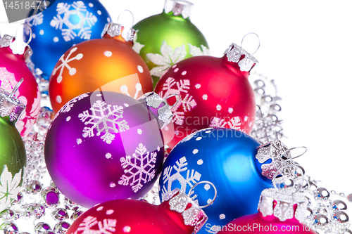 Image of christmas balls with snowflake symbols