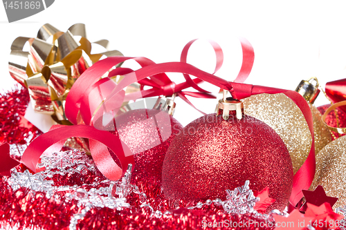 Image of christmas balls with ribbon and tinsel