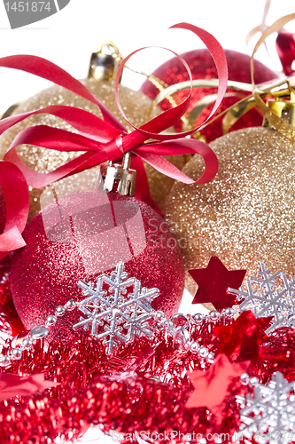 Image of christmas balls with ribbon and tinsel