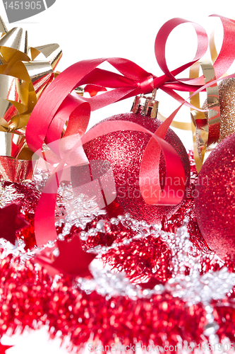 Image of christmas balls with ribbon and tinsel