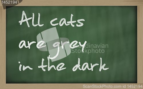 Image of " All cats are grey in the dark " written on a blackboard