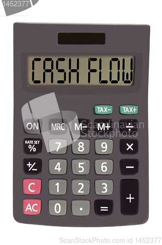 Image of Old calculator on white background showing text "cash flow"