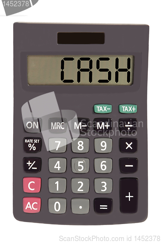 Image of Old calculator on white background showing text "cash"