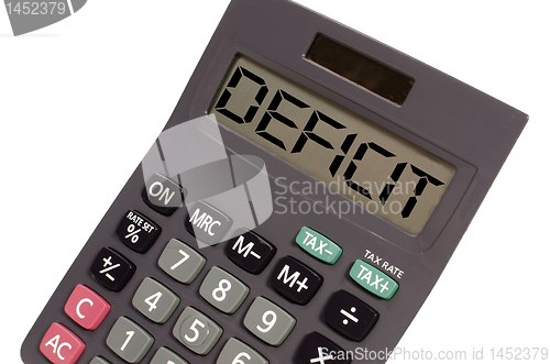 Image of Old calculator on white background showing text "deficit" in per