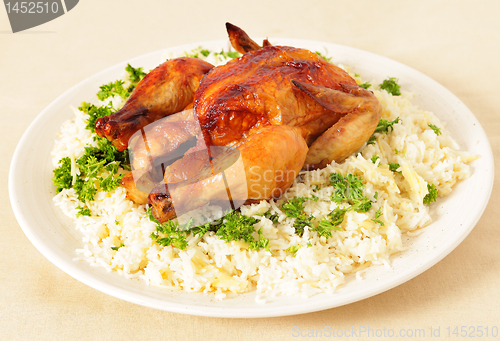 Image of Roast chicken and rice side view