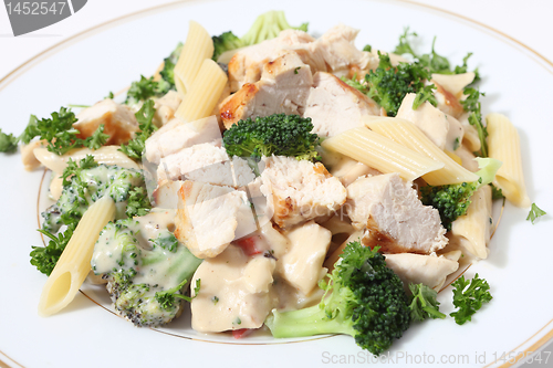 Image of Grilled chicken broccoli and pasta in sauce