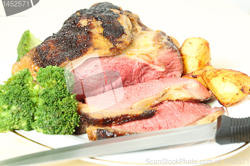 Image of Roast sirloin beef joint with knife
