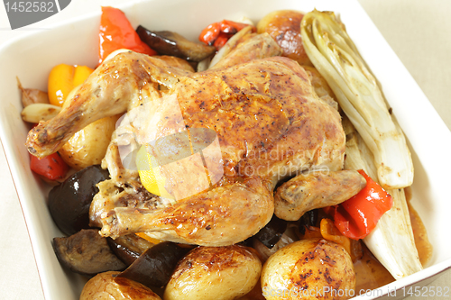 Image of Chicken and roast vegetables high angle