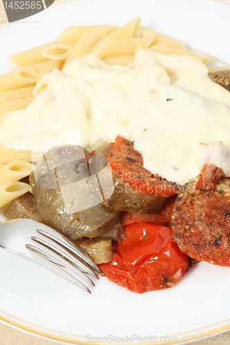 Image of Eggplant tomato pasta and cheese sauce