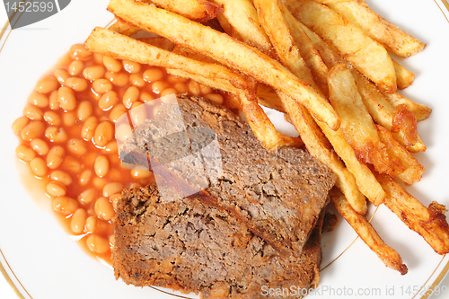 Image of Meatloaf fries and beans from above