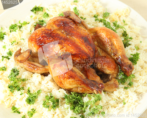 Image of Roast chicken and rice high angle