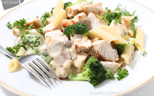 Image of Grilled chicken with pasta and fork