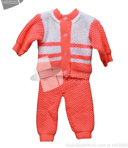 Image of Knitted wool overalls for baby on white