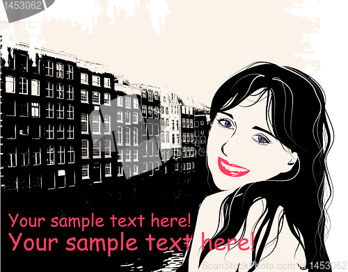 Image of  fashion girl in sketch style on a city-background. Place for yo