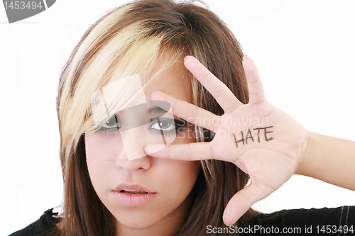 Image of picture of angry woman, isolated on white