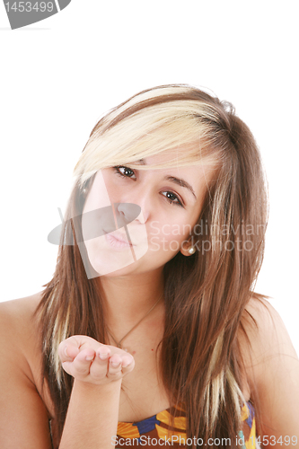 Image of Slim woman showing kiss sign. Isolated on white. 