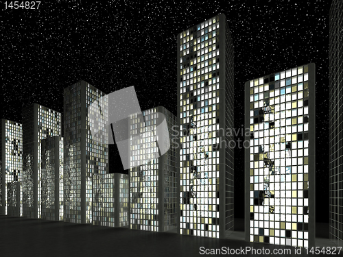 Image of City: Abstract skyscrapers and starry sky