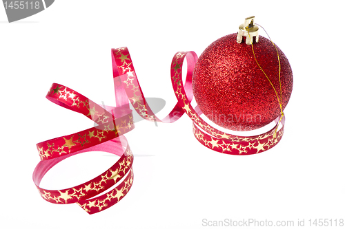 Image of red christmas ball with ribbon