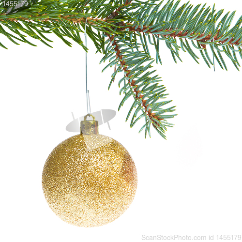 Image of red christmas ball hanging from tree