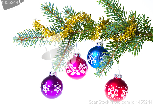 Image of christmas balls on spruce branch