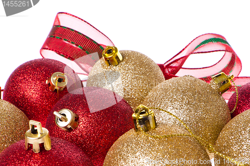 Image of christmas balls with big ribbon around