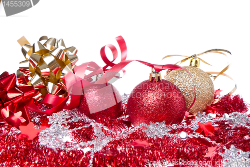 Image of christmas balls with ribbon and tinsel