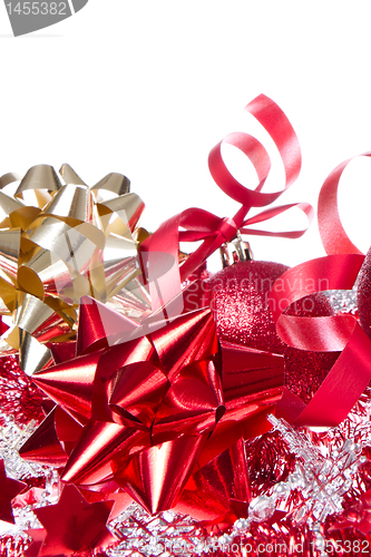 Image of christmas balls with ribbon and tinsel