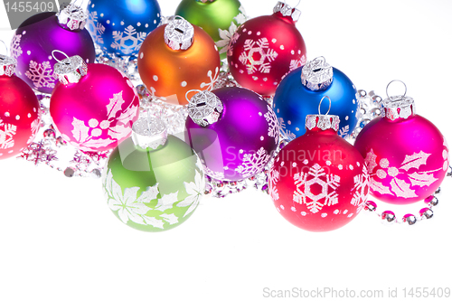 Image of christmas balls with snowflake symbols