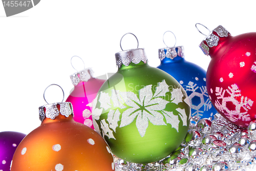 Image of christmas balls with snowflake symbols