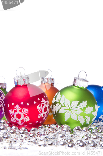 Image of christmas balls with snowflake symbols