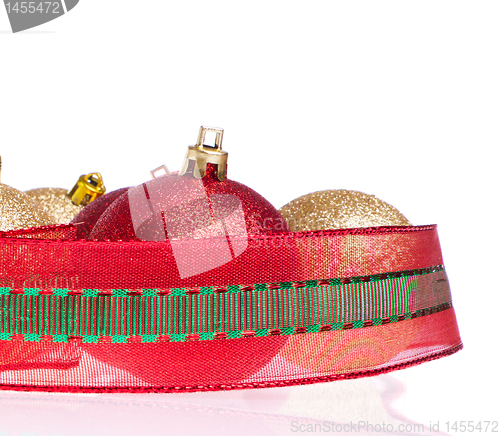 Image of christmas balls with big ribbon around