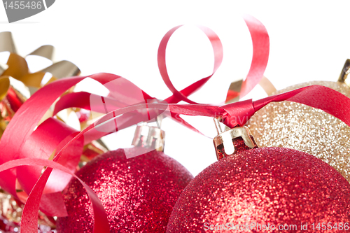 Image of christmas balls with ribbon and tinsel