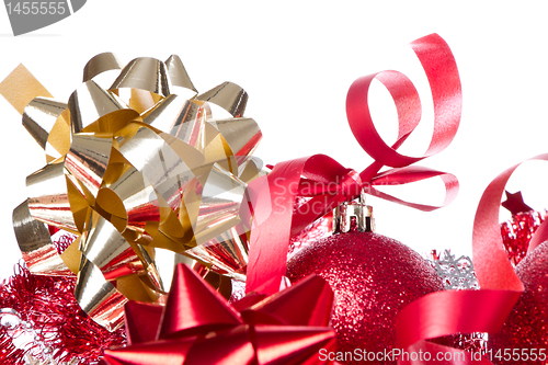 Image of christmas balls with ribbon and tinsel