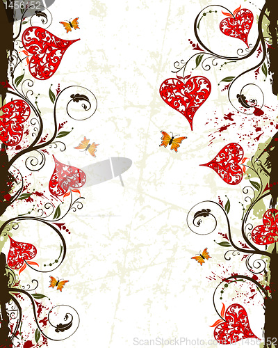 Image of Valentines Day grunge background with hearts and florals