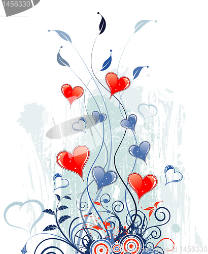 Image of Valentines Day grunge background with hearts and florals