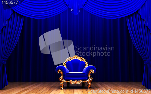 Image of blue velvet curtain and chair