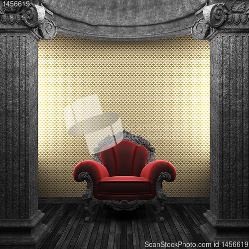 Image of stone columns, chair and wallpaper