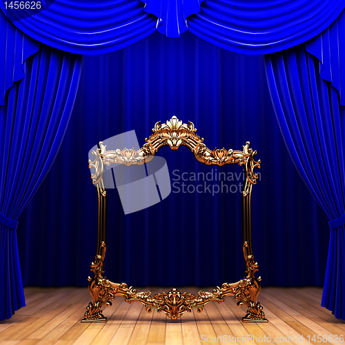 Image of blue curtains, gold frame