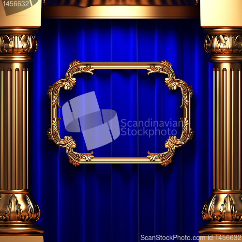 Image of blue curtains, gold columns and frames