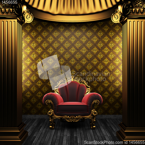 Image of bronze columns, chair and tile wall